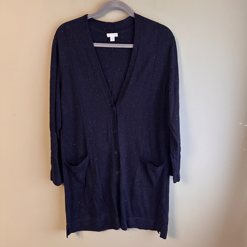J Jill Black Speckled Knit Long Cardigan Sweater‎ Linen Blend Button Front M